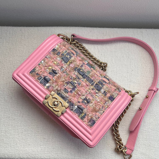 CHANEL Pink Tweed and Lambskin Small Boy Flap