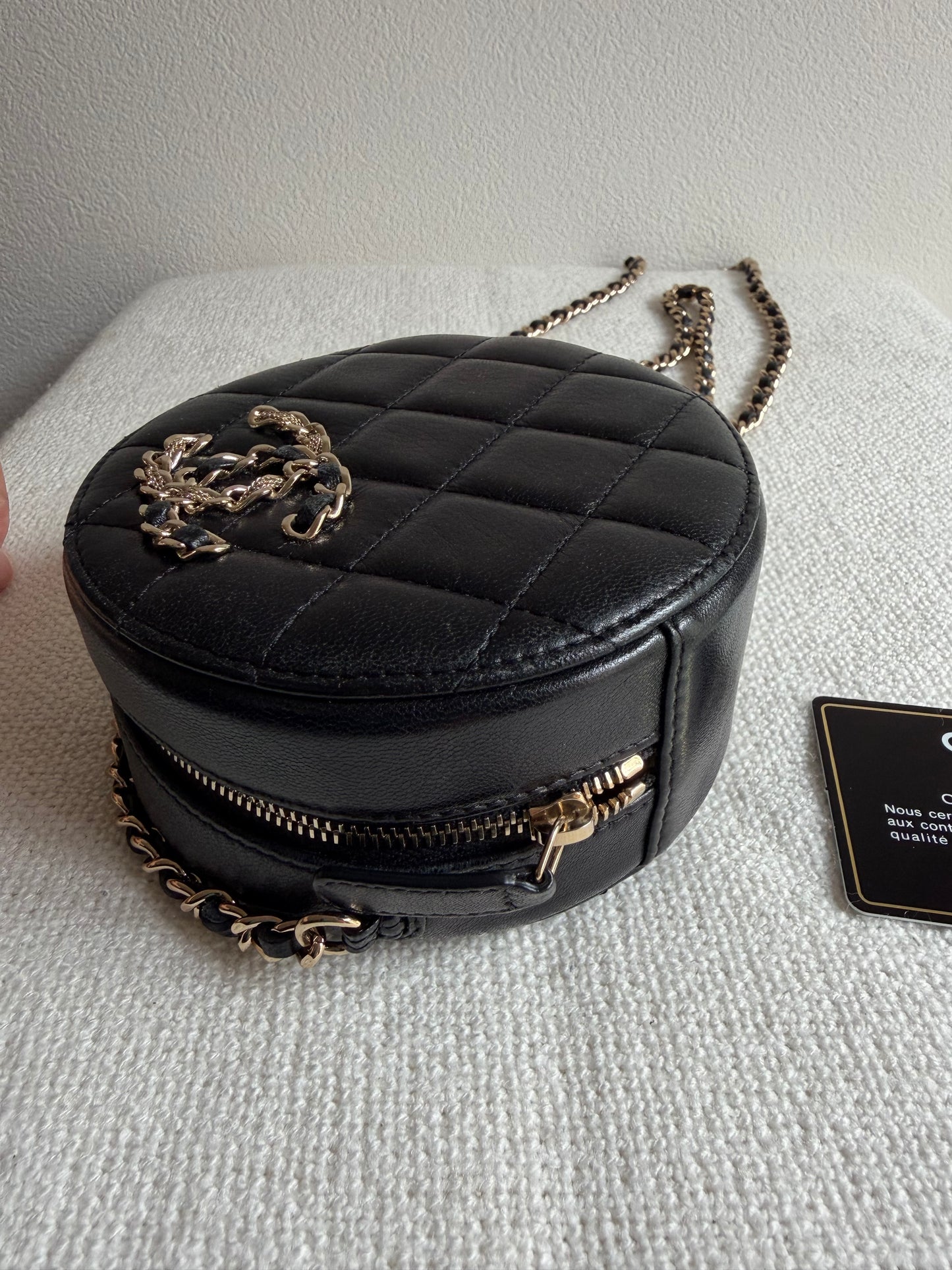 Chanel Quilted Lambskin CC Round Clutch With Chain