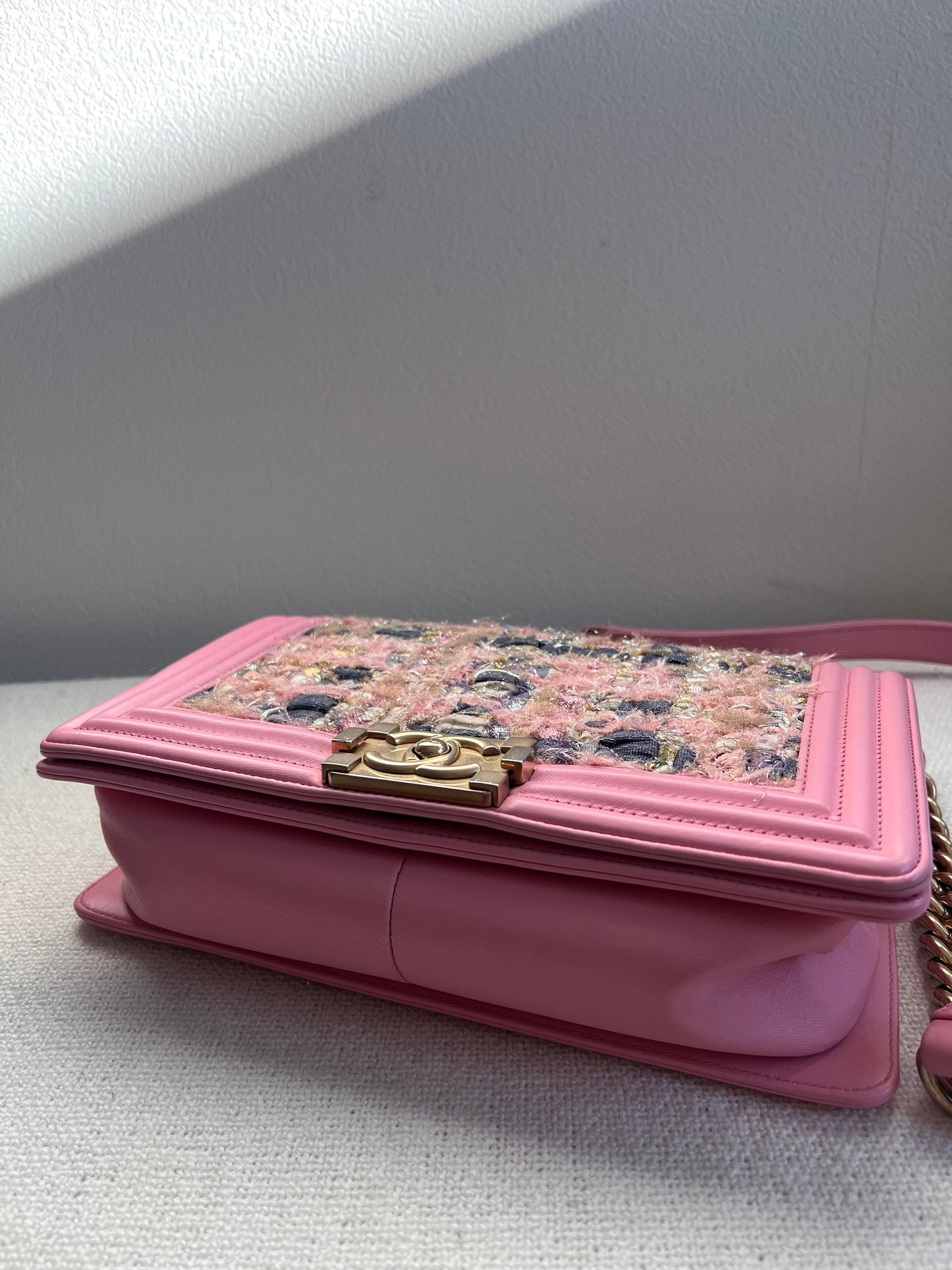 CHANEL Pink Tweed and Lambskin Small Boy Flap