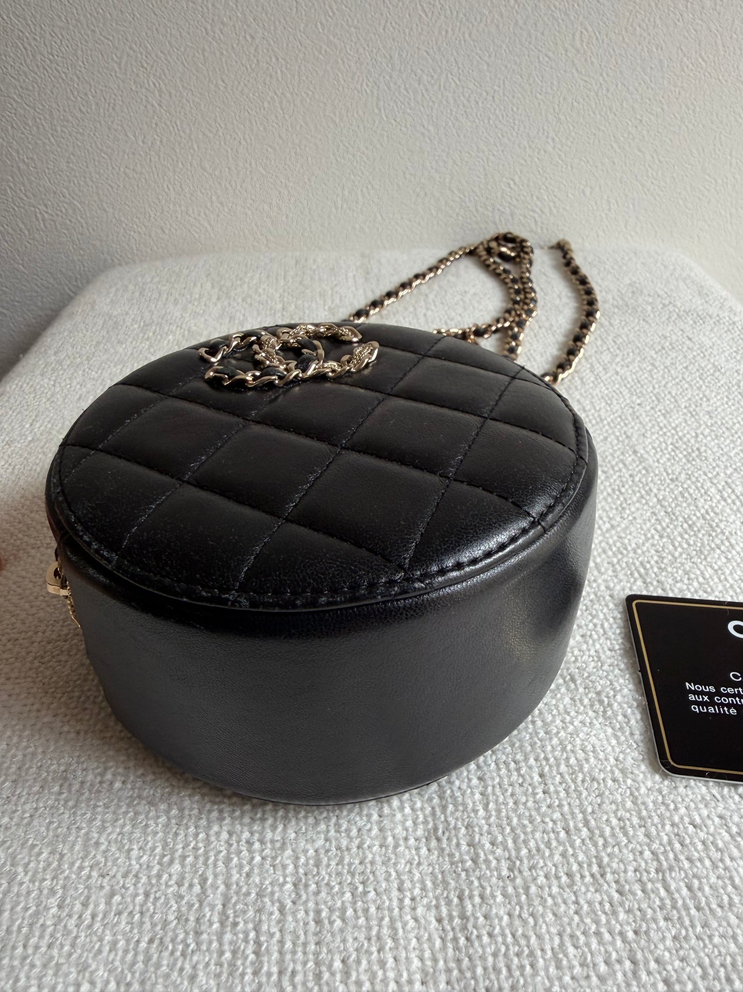 Chanel Quilted Lambskin CC Round Clutch With Chain