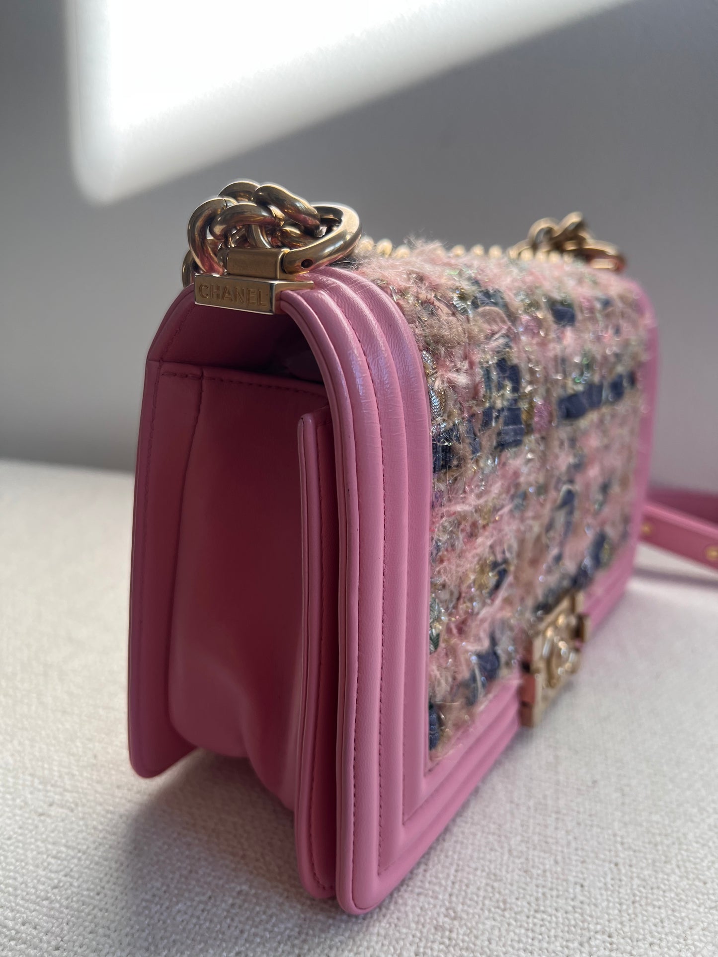 CHANEL Pink Tweed and Lambskin Small Boy Flap