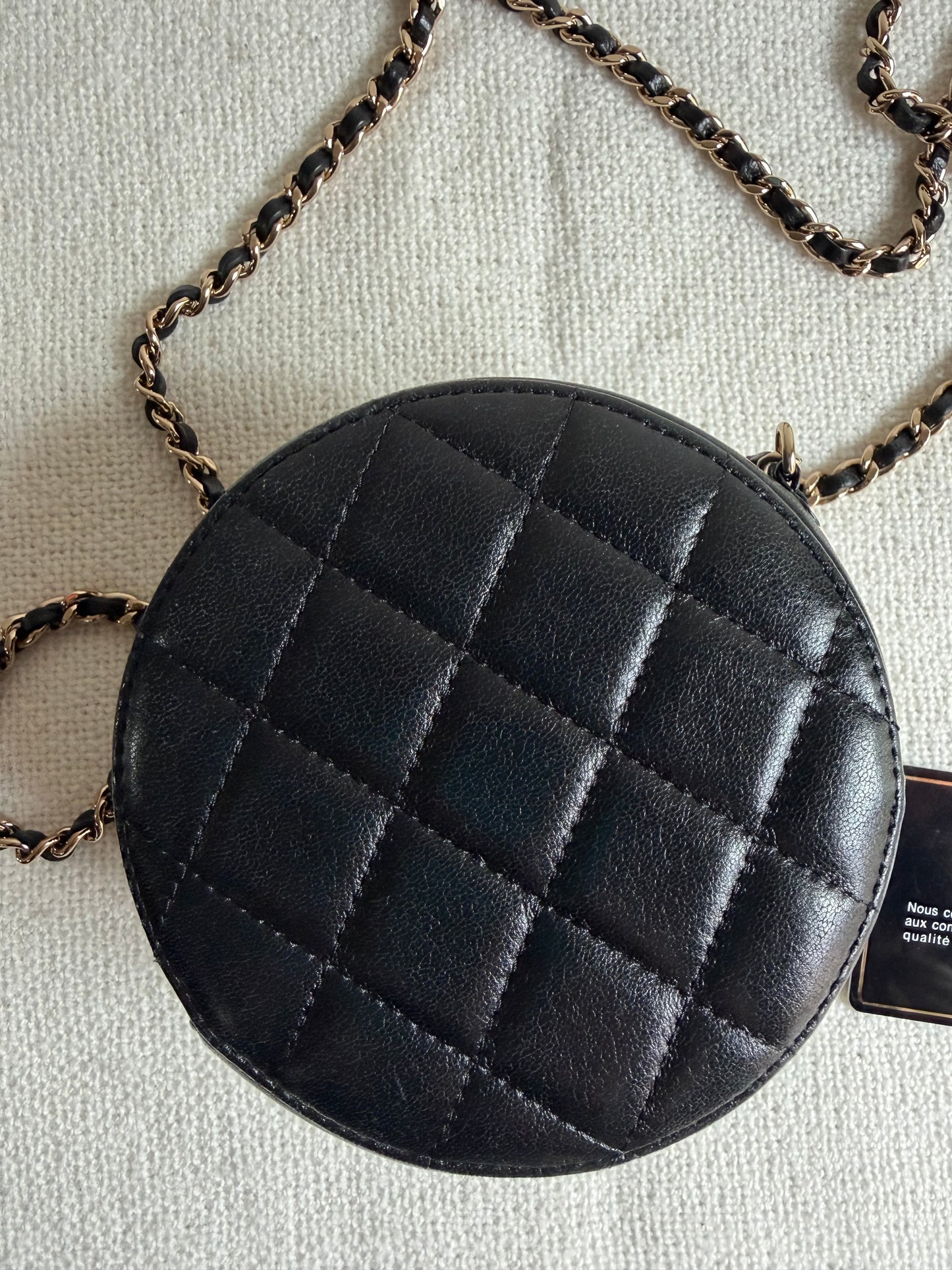 Chanel Quilted Lambskin CC Round Clutch With Chain