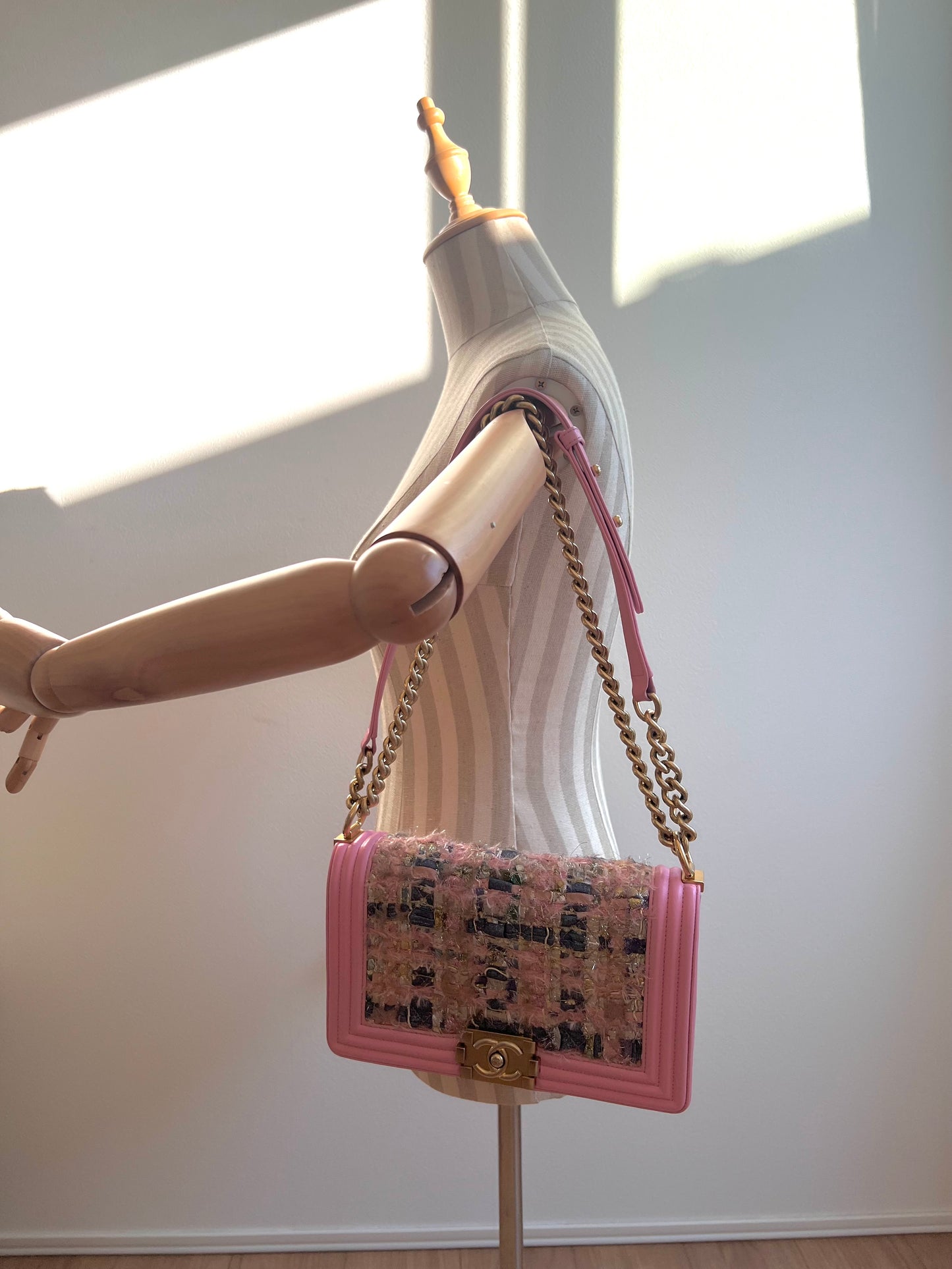 CHANEL Pink Tweed and Lambskin Small Boy Flap