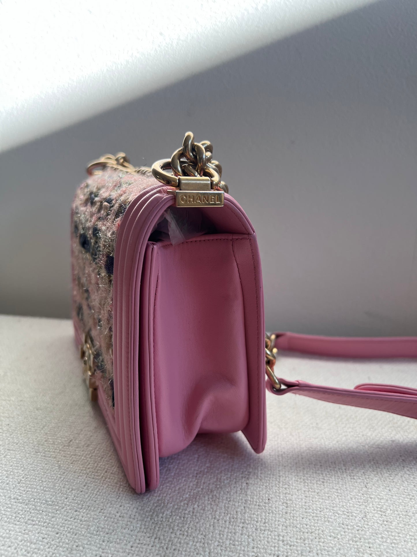 CHANEL Pink Tweed and Lambskin Small Boy Flap